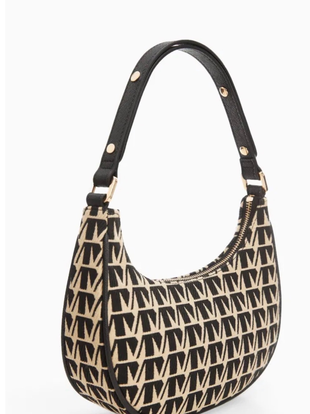 Mango Black & Cream Patterned Crescent Shoulder Bag